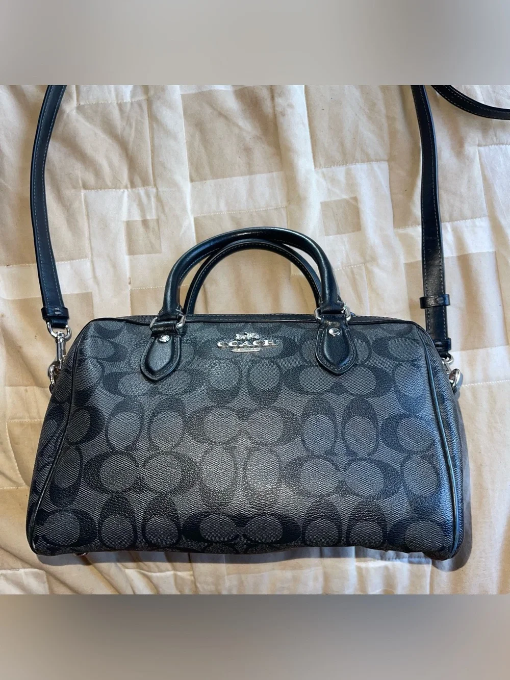 Coach Outlet Rowan Satchel Bag Black/Gray Signature Canvas